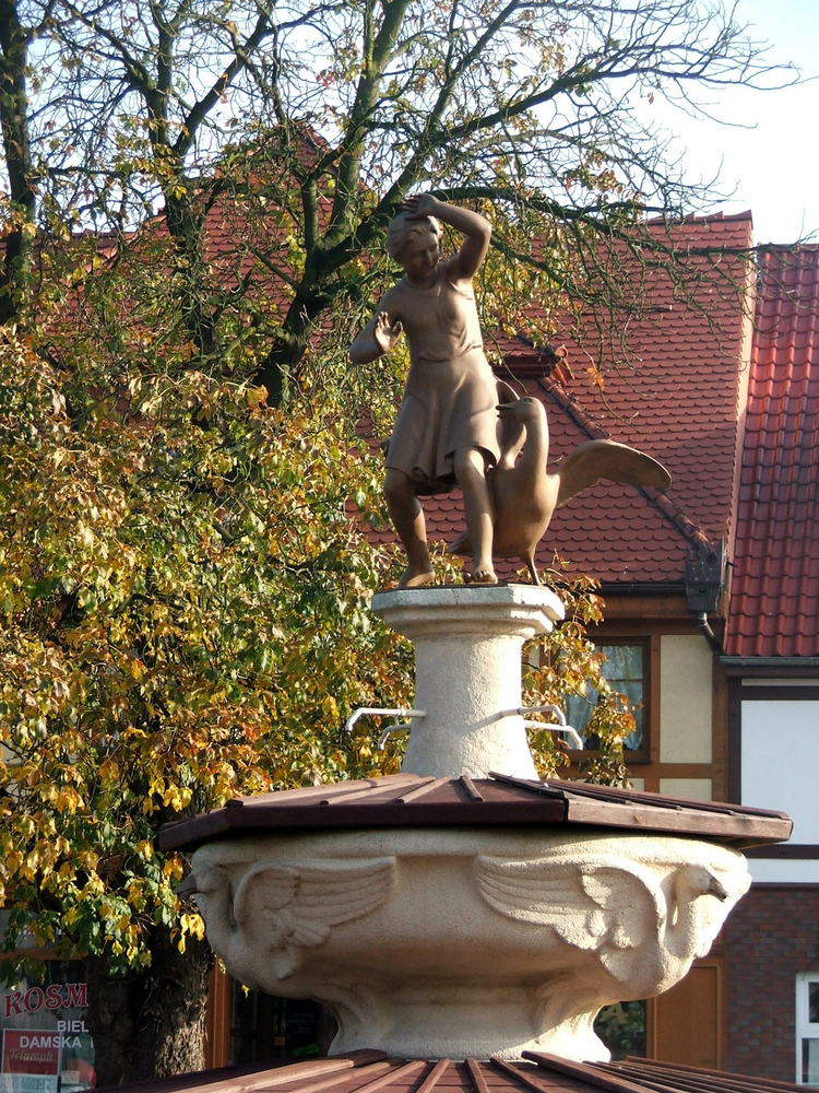 Fontanna z figurą gęsiarki usytuowana na  starym rynku miasta. 