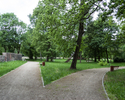 Zdjęcie przedstawia park w Troszynie. Na pierwszym planie widać dwie ścieżki, które prowadzą w głąb parku.                                                                                              