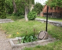 Zdjęcie przedstawia cmentarz przykościelny w Orzechowie. Na pierwszym planie widać grób z żeliwnym krzyżem.                                                                                             