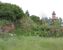 Zdjęcie przedstawia teren starego miasta w Widuchowej. Na pierwszym planie widać ruiny zamku, w tle wieżą kościoła.                                                                                     