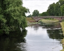 Zdjęcie przedstawia widok na rzekę Regę oraz most biegnący przez nią w oddali                                                                                                                           