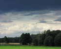 Zdjęcie przedstawia panoramę z łąkami i lasem na tle chmur                                                                                                                                              