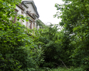 Zdjęcie przedstawia ruiny pałacu w Witnicy. Na pierwszym planie widać korony drzew, które przysłaniają budynek                                                                                          
