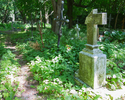 Zdjęcie przedstawia cmentarz przykościelny na Gocławiu. Na pierwszym planie widać dwa krzyże - żeliwny i betonowy, ten drugi jest niekompletny, brakuje jednego ramienia krzyża.                        