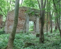 Zdjęcie przedstawia ruiny kościoła w Raduniu. Na pierwszym planie widać frontową ścianę z wejściem.                                                                                                     