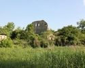 Zdjęcie przedstawia pałac w Dębogórze. Na pierwszym planie widać polanę, dalej nad drzewami ruina pałacu.                                                                                               