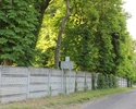 Zdjęcie przedstawia park dworski w Białęgach. Na pierwszym planie widać ogrodzenie, które otacza teren parku, nad płotem widoczne są drzewa.                                                            
