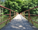 Zdjęcie przedstawia jeden widok z drewnianego mostku wgłąb parku                                                                                                                                        