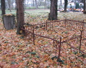 Zdjęcie przedstawia stary grób z żeliwnym ogrodzeniem                                                                                                                                                   