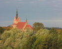 Zdjęcie przedstawia panoramę leśną i budynku kościoła                                                                                                                                                   